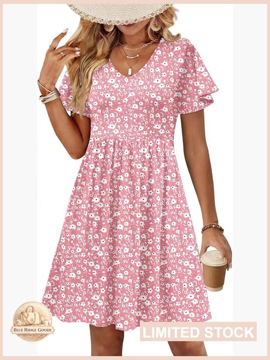 Dresses & Skirts - Floral Swing Dress with Pockets V-Neck Ruffle Sleeve Knee Length Summer Mini